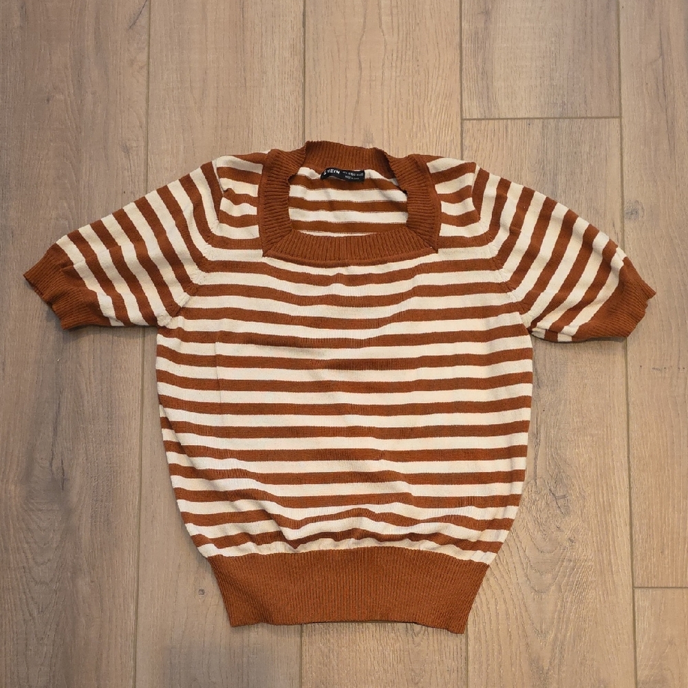 SHEIN Womens Striped Brown and Cream Knit Shirt Large